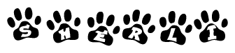 The image shows a row of animal paw prints, each containing a letter. The letters spell out the word Sherli within the paw prints.