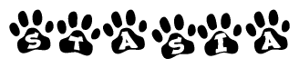 The image shows a series of animal paw prints arranged in a horizontal line. Each paw print contains a letter, and together they spell out the word Stasia.