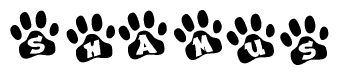 The image shows a series of animal paw prints arranged in a horizontal line. Each paw print contains a letter, and together they spell out the word Shamus.