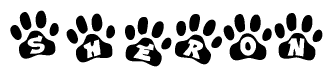 The image shows a series of animal paw prints arranged in a horizontal line. Each paw print contains a letter, and together they spell out the word Sheron.