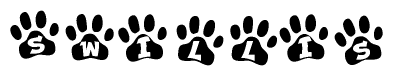 The image shows a series of animal paw prints arranged horizontally. Within each paw print, there's a letter; together they spell Swillis