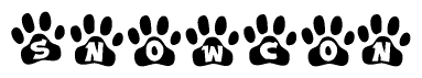 The image shows a series of animal paw prints arranged in a horizontal line. Each paw print contains a letter, and together they spell out the word Snowcon.