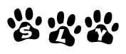 The image shows a row of animal paw prints, each containing a letter. The letters spell out the word Sly within the paw prints.
