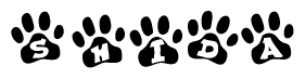 The image shows a series of animal paw prints arranged in a horizontal line. Each paw print contains a letter, and together they spell out the word Shida.