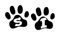 The image shows a row of animal paw prints, each containing a letter. The letters spell out the word Si within the paw prints.