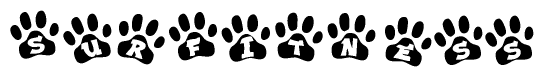 The image shows a series of animal paw prints arranged in a horizontal line. Each paw print contains a letter, and together they spell out the word Surfitness.