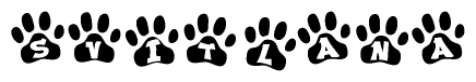 The image shows a row of animal paw prints, each containing a letter. The letters spell out the word Svitlana within the paw prints.