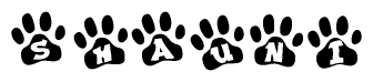 The image shows a series of animal paw prints arranged in a horizontal line. Each paw print contains a letter, and together they spell out the word Shauni.