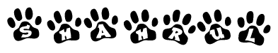 The image shows a series of animal paw prints arranged horizontally. Within each paw print, there's a letter; together they spell Shahrul