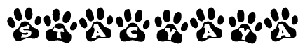 The image shows a series of animal paw prints arranged horizontally. Within each paw print, there's a letter; together they spell Stacyaya