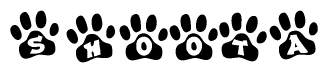 The image shows a row of animal paw prints, each containing a letter. The letters spell out the word Shoota within the paw prints.