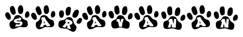The image shows a series of animal paw prints arranged in a horizontal line. Each paw print contains a letter, and together they spell out the word Saravanan.