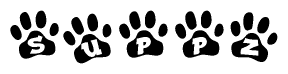 The image shows a row of animal paw prints, each containing a letter. The letters spell out the word Suppz within the paw prints.