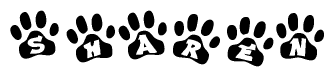 The image shows a row of animal paw prints, each containing a letter. The letters spell out the word Sharen within the paw prints.