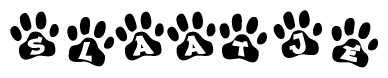The image shows a row of animal paw prints, each containing a letter. The letters spell out the word Slaatje within the paw prints.