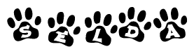 The image shows a row of animal paw prints, each containing a letter. The letters spell out the word Selda within the paw prints.