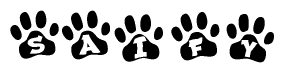 The image shows a series of animal paw prints arranged horizontally. Within each paw print, there's a letter; together they spell Saify