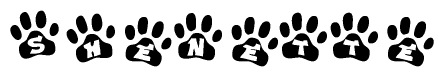 The image shows a row of animal paw prints, each containing a letter. The letters spell out the word Shenette within the paw prints.