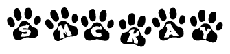 The image shows a row of animal paw prints, each containing a letter. The letters spell out the word Smckay within the paw prints.