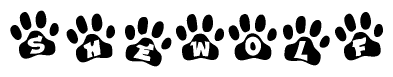 The image shows a row of animal paw prints, each containing a letter. The letters spell out the word Shewolf within the paw prints.