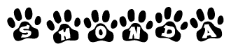 The image shows a series of animal paw prints arranged horizontally. Within each paw print, there's a letter; together they spell Shonda