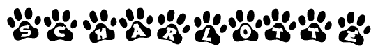 The image shows a row of animal paw prints, each containing a letter. The letters spell out the word Scharlotte within the paw prints.