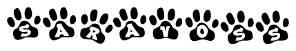 The image shows a series of animal paw prints arranged horizontally. Within each paw print, there's a letter; together they spell Saravoss