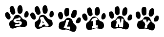 The image shows a series of animal paw prints arranged in a horizontal line. Each paw print contains a letter, and together they spell out the word Saliny.