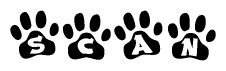 The image shows a series of animal paw prints arranged horizontally. Within each paw print, there's a letter; together they spell Scan
