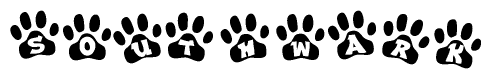 The image shows a series of animal paw prints arranged in a horizontal line. Each paw print contains a letter, and together they spell out the word Southwark.