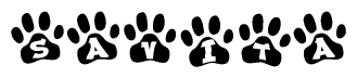 The image shows a series of animal paw prints arranged in a horizontal line. Each paw print contains a letter, and together they spell out the word Savita.