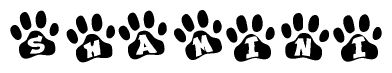The image shows a series of animal paw prints arranged horizontally. Within each paw print, there's a letter; together they spell Shamini