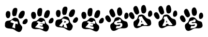 The image shows a series of animal paw prints arranged horizontally. Within each paw print, there's a letter; together they spell Teresaas