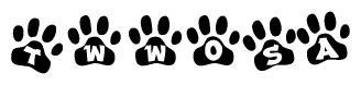 The image shows a series of animal paw prints arranged horizontally. Within each paw print, there's a letter; together they spell Twwosa