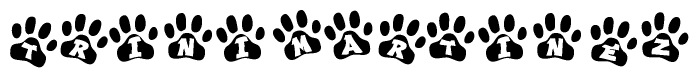 The image shows a series of animal paw prints arranged in a horizontal line. Each paw print contains a letter, and together they spell out the word Trinimartinez.