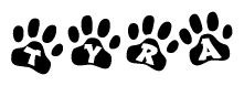The image shows a series of animal paw prints arranged in a horizontal line. Each paw print contains a letter, and together they spell out the word Tyra.