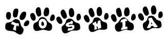 The image shows a row of animal paw prints, each containing a letter. The letters spell out the word Toshia within the paw prints.