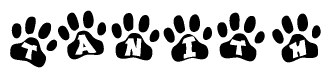 The image shows a series of animal paw prints arranged horizontally. Within each paw print, there's a letter; together they spell Tanith