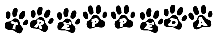 The image shows a series of animal paw prints arranged horizontally. Within each paw print, there's a letter; together they spell Treppeda