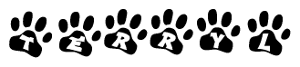 The image shows a series of animal paw prints arranged horizontally. Within each paw print, there's a letter; together they spell Terryl