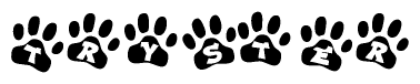 The image shows a series of animal paw prints arranged in a horizontal line. Each paw print contains a letter, and together they spell out the word Tryster.