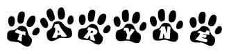 The image shows a series of animal paw prints arranged horizontally. Within each paw print, there's a letter; together they spell Taryne