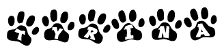 The image shows a series of animal paw prints arranged horizontally. Within each paw print, there's a letter; together they spell Tyrina