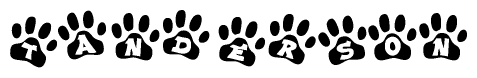 The image shows a series of animal paw prints arranged in a horizontal line. Each paw print contains a letter, and together they spell out the word Tanderson.