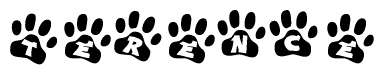 The image shows a series of animal paw prints arranged in a horizontal line. Each paw print contains a letter, and together they spell out the word Terence.
