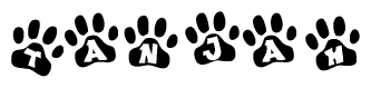 The image shows a series of animal paw prints arranged horizontally. Within each paw print, there's a letter; together they spell Tanjah