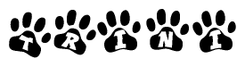 The image shows a series of animal paw prints arranged horizontally. Within each paw print, there's a letter; together they spell Trini