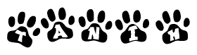 The image shows a series of animal paw prints arranged horizontally. Within each paw print, there's a letter; together they spell Tanih