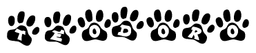The image shows a row of animal paw prints, each containing a letter. The letters spell out the word Teodoro within the paw prints.