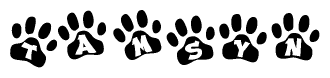 The image shows a series of animal paw prints arranged in a horizontal line. Each paw print contains a letter, and together they spell out the word Tamsyn.